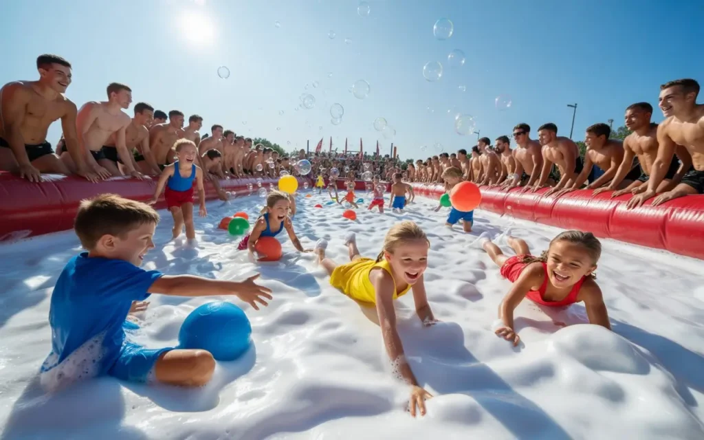 Crianças e adultos se divertindo em uma pista de futebol de sabão durante um campeonato recreativo, com espuma branca e bolas coloridas.